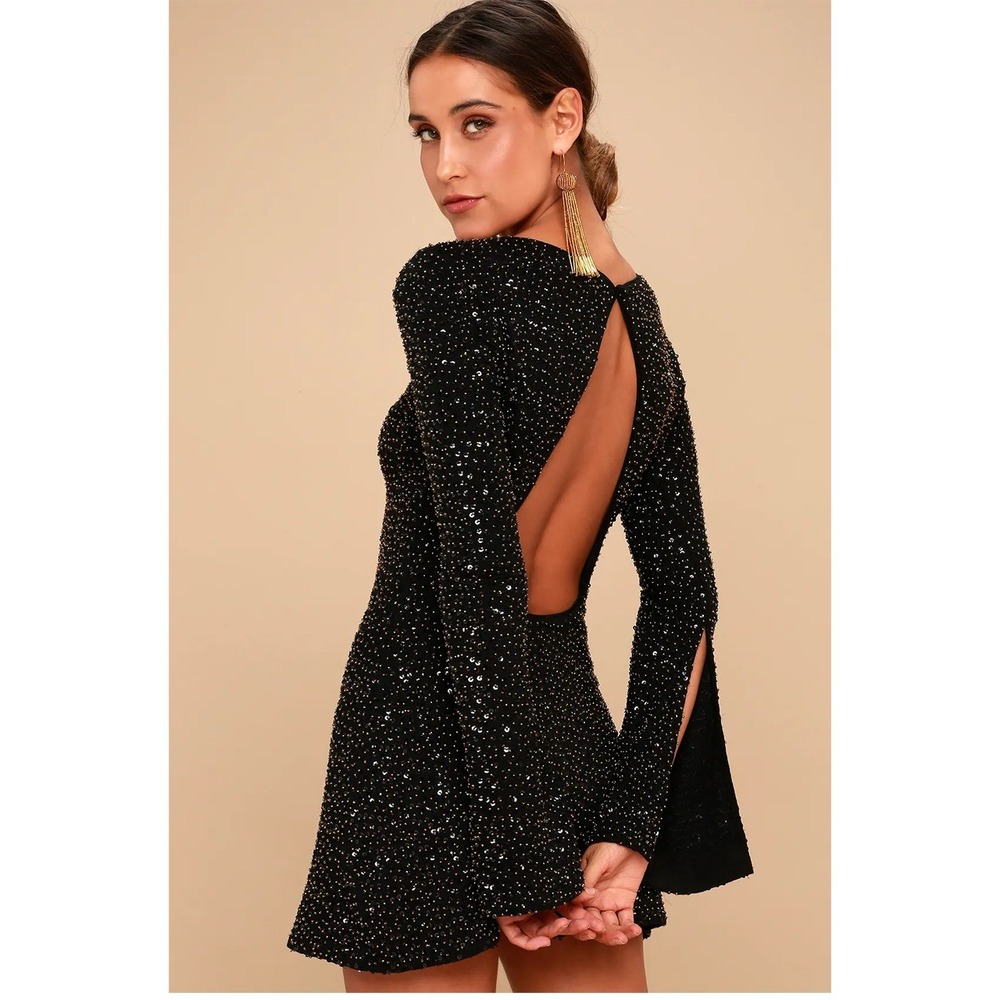 NWOT NBD Smyth Scoop Neck Glam Sequins‎ Bodycon Mini Dress Black Gold Womens XL